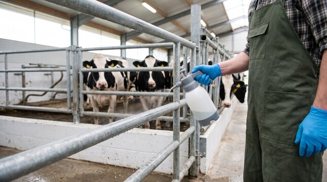 Farm worker disinfecting livestock equipment. Agricultural sanitation and biosecurity practices in modern farming.