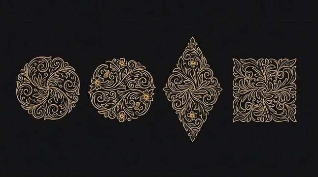Luxury gold ornamental mandalas and patterns on black background.