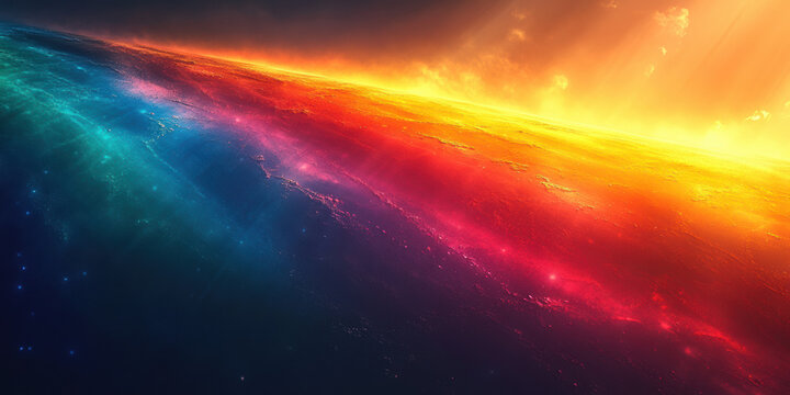 Dynamic rainbow gradient illustration with vivid hues and holographic glow. Abstract colorful spectrum concept highlights light, wavelength, and digital design aesthetics.