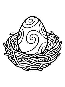 Hand-drawn Easter egg in woven nest. Vector-style illustration of decorated spring holiday egg with ornate patterns.