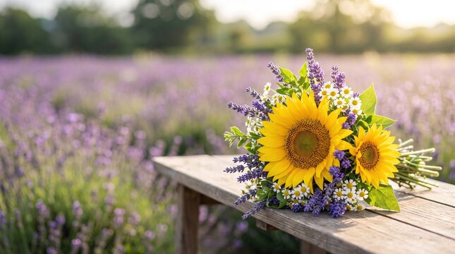 Vibrant bouquet of sunflowers and purple lavender resting on wooden bench in blooming lavender field, floral background, outdoor photography.