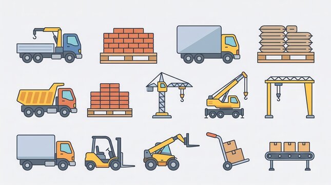 Construction Equipment and Material Handling Transport Icon Set Illustration
