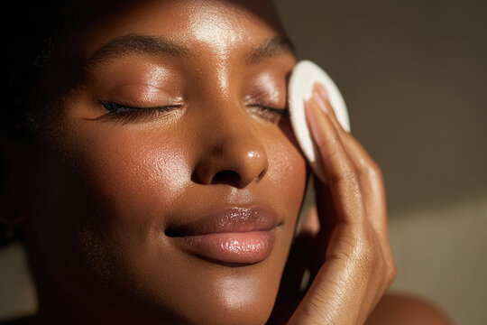 African American woman cleaning her face skin with white cotton pad	