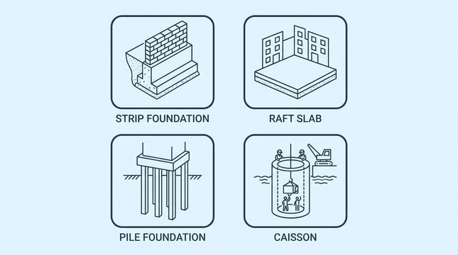 Foundation Types in Civil Engineering Construction Icon Pack