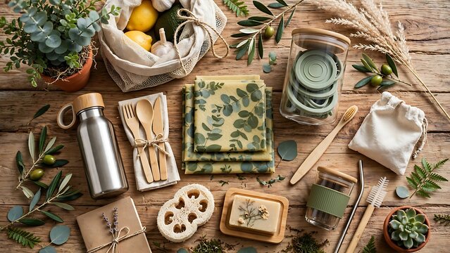 Zero waste lifestyle accessories and sustainable household items arranged on a rustic wooden background top view