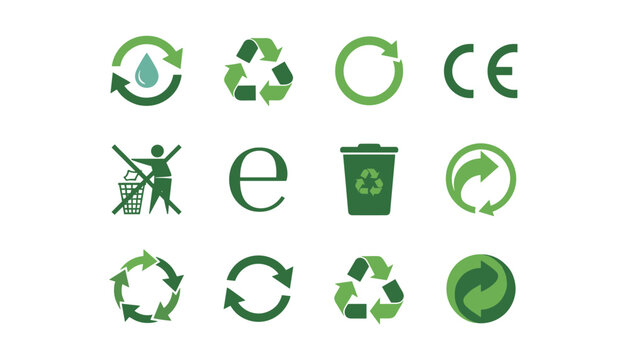 Green recycling symbols and packaging icons vector set with mobius loop trash bin ce mark isolated on white background