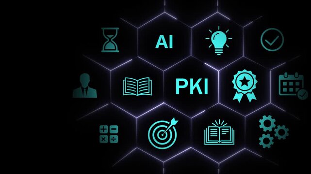 Public key infrastructure pki cybersecurity concept with glowing digital hexagon network interface featuring business for data encryption, information security, and advanced technology solutions