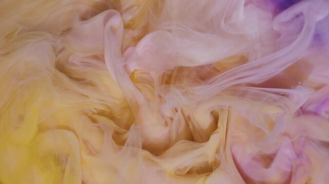 Ink fog blend. Haze splash art. Defocused yellow white purple colorful cloud bright pigment spreading on abstract acrylic background.