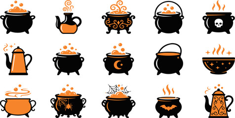 Set of halloween witch cauldrons and magic pots with steaming potions for spooky holiday party design elements © Mirfakashem