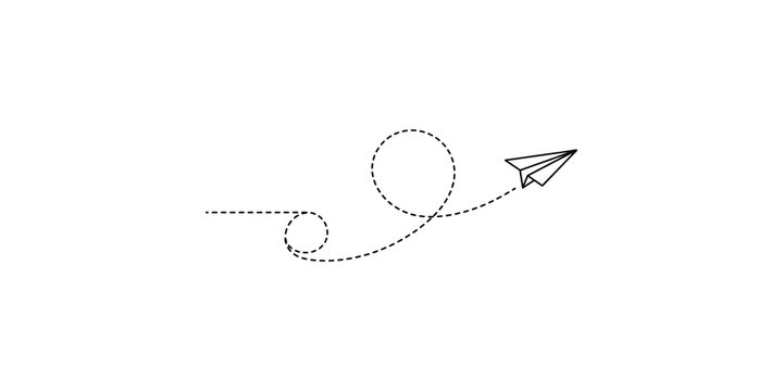 Paper plane flying with dotted travel path line on transparent background.