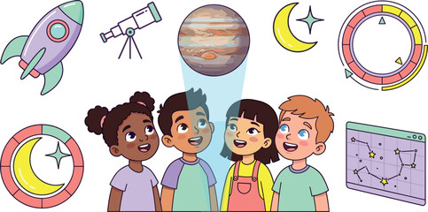 Cute Diverse Children Learning Astronomy with Space Vector Clipart Featuring Rocket Ship Telescope Jupiter Planet Crescent Moon and Constellation Chart © Jasmin