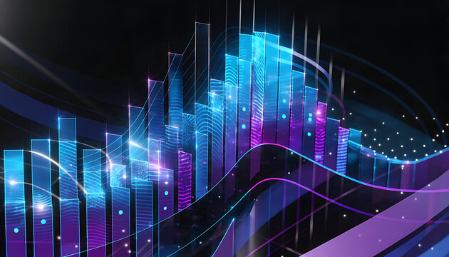 Abstract Digital Data Visualization with Glowing Bars and Wavy Lines technology