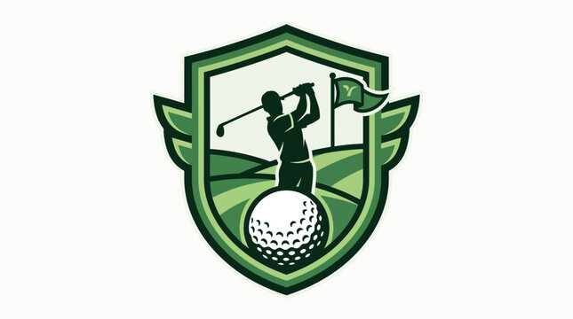 Professional Golf Sport Logo Design with Golfer Silhouette and Golf Ball inside a Green Shield Emblem
