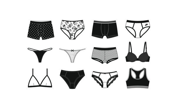 Men and women underwear black and white stencil vector set with bras panties boxers briefs thongs isolated on white background