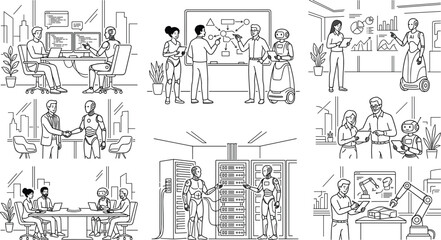 Fototapeta premium Human and Robot Collaboration Outline Illustration Set Featuring Artificial Intelligence Concept Scenes, Corporate Meetings, Tech Server Maintenance, and Smart Workplace Dynamics