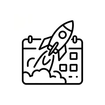 Launch calendar line icon for project start date planning deadline and startup launch schedule
