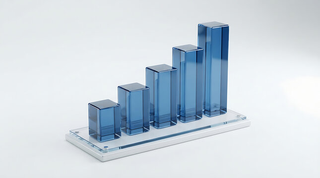 Blue glass bar chart showing upward trend on white background graph growth