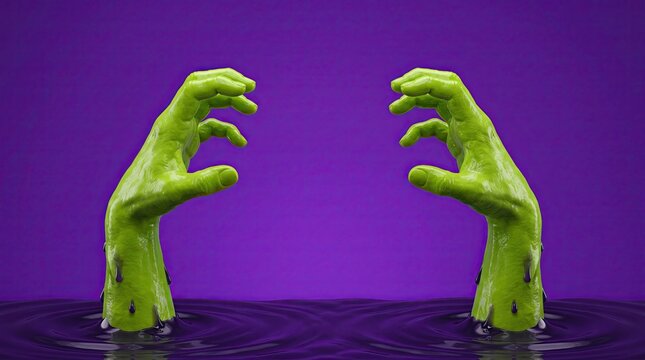 Two creepy green zombie hands emerging from dark water for a spooky happy halloween celebration background design