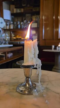 Static closeup of candle flame flickering and wax melting on silver holder at marble table in cozy indoor cafe evening