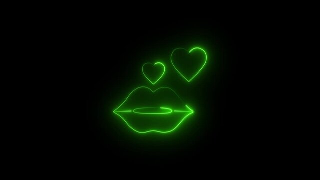 Animated green neon lips and hearts outline line art animation of a mouth and heart shapes isolated on a black background glowing love romance kiss passion glowing love romance kiss passion