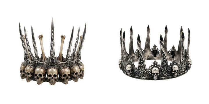Two dark gothic crowns with skulls isolated on transparent background