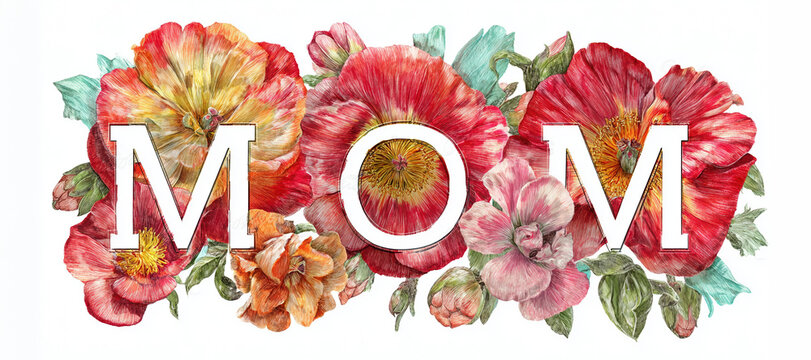 Beautiful floral composition with botanical blossoms arranged for a Mother&rsquo;s Day greeting card. Romantic pastel flowers form a feminine spring background.