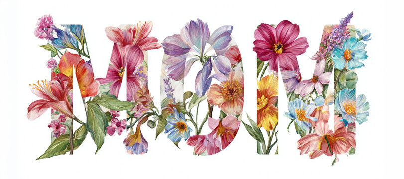 Floral mom lettering with colorful flowers in botanical watercolor style. Decorative Mother&rsquo;s Day typography design perfect for greeting cards