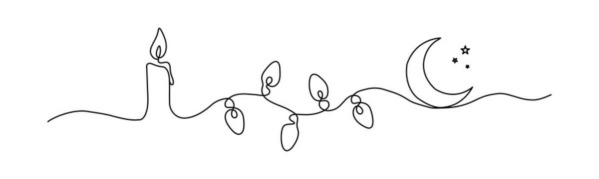 Continuous Line Art Garland with Candle Christmas Light Bulbs Crescent Moon and Stars Vector