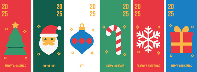 Happy New Year 2025 and Christmas Banner Set with Colorful Flat Icons of Santa, Tree, Bauble, Snowflake, and Festive Holiday Greetings for Winter Celebrations © Armina
