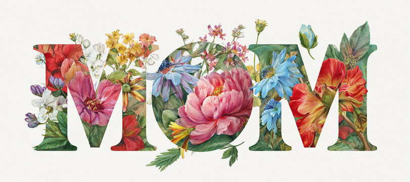 Spring bouquet of colorful flowers in a watercolor floral illustration. Decorative botanical design highlights Mother&rsquo;s Day celebration and family love.
