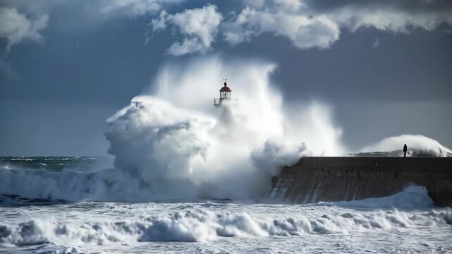 Majestic Lighthouse Amidst Powerful Ocean Waves During Stormy Weather.