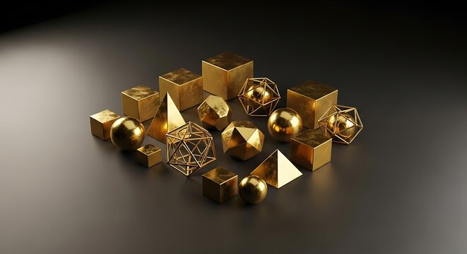 Collection of Golden Geometric Shapes on Dark Surface