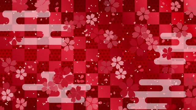 桜01 赤 紙吹雪 赤 下降 パターン01 エ霞 市松模様 麻の葉 ループ （赤 背景）01
