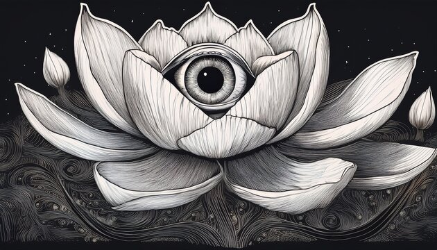vintage hand drawn lotus flowers with all seeing eye surreal botanical sketches