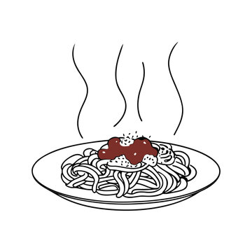 Hand drawn sketch of a hot steaming plate of spaghetti pasta with tomato sauce and meatballs art
