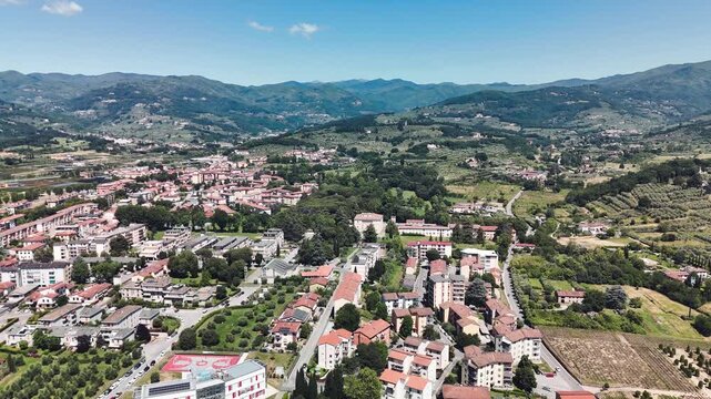 Drone view of Pistoia skyline and historic architecture in