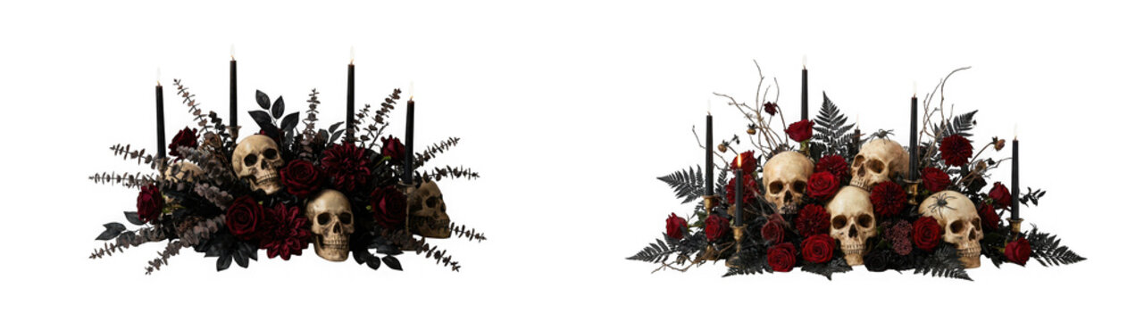 Two gothic floral centerpieces featuring human skulls, dark red roses, and black candles isolated on transparent background