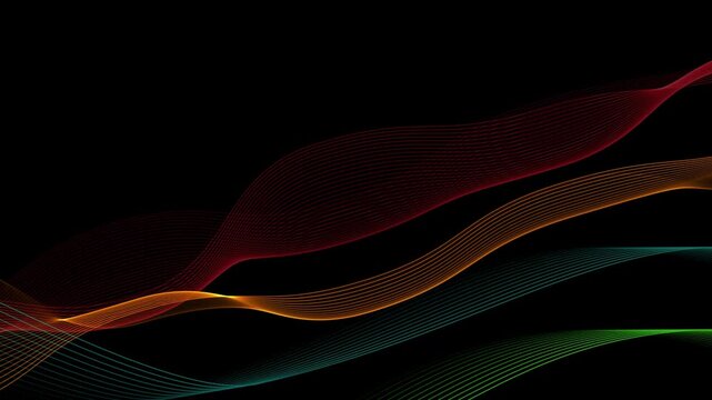 Colorful flowing wave ribbons on black background animation