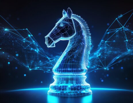 glowing blue digital wireframe chess knight piece on dark background with abstract neon particles representing strategy ai and technology for modern gaming and business strategy