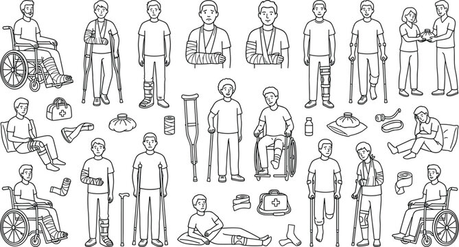 Medical Rehabilitation and Physical Injury Recovery Line Art Icon Set Featuring Patients with Wheelchairs, Crutches, Broken Bone Casts, Slings, and Amputee Support