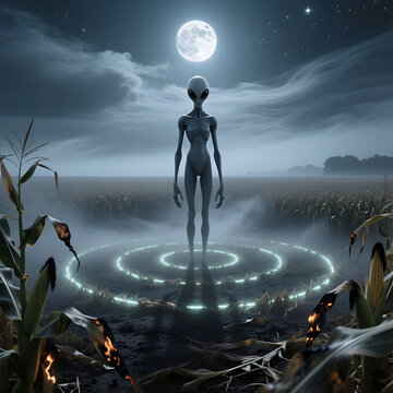 Grey alien standing in crop circle at night in corn field with full moon