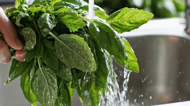 Fresh green basil leaves being washed under water.
