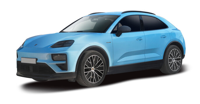 Light Blue Porsche Macan Electric SUV - Modern Premium German EV Crossover Front Three Quarter View Isolated