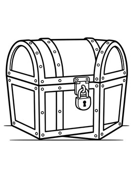 Classic wooden treasure chest with metal bands and lock. Vintage pirate loot box illustration for adventure and fantasy themes.