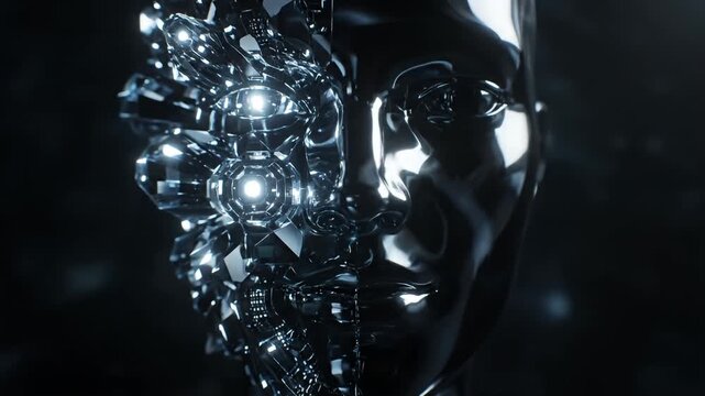 Futuristic humanoid robot face with glowing mechanical components.