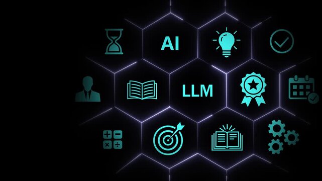 Advanced artificial intelligence llm large language model concept featuring digital hexagonal network interface with glowing for machine learning, data analytics, neural networks, and futuristic tech