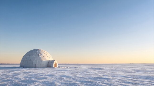 Traditional igloo in snowy arctic landscape with copy space
