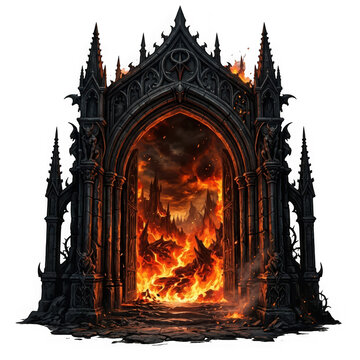 Gothic stone archway leading into a fiery hellscape isolated on transparent background