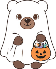 Cute cartoon teddy bear dressed up in a white ghost costume for Halloween holding a pumpkin candy bucket vector illustration isolated on white background