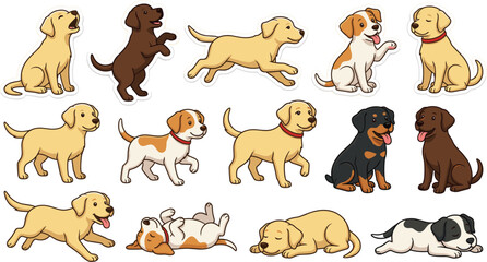 Obraz premium Cute Puppy Character Set with Cartoon Dogs in Action Poses Running, Sleeping, Barking, and Playing for Pet Store Layouts and Veterinary Graphic Designs